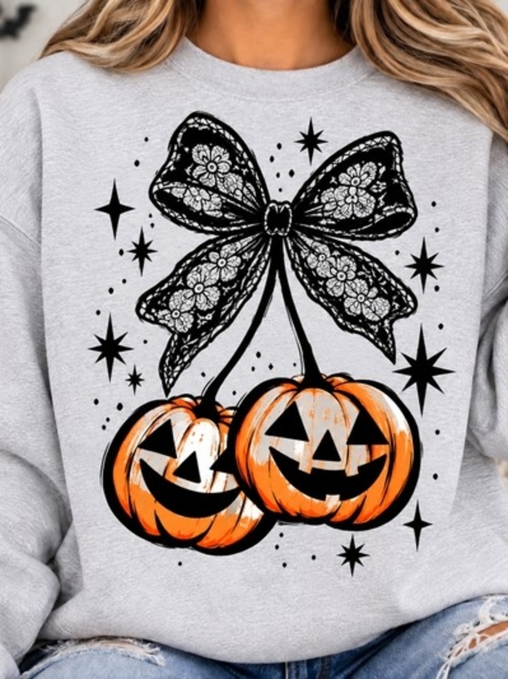 Gildan Light Gray Halloween Pumpkin Bow Graphic Sweatshirt